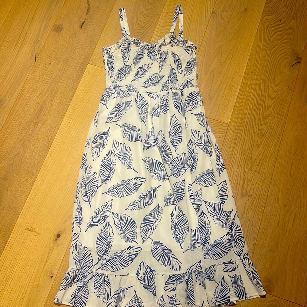 White and Navy Leaf-Print Midi Dress - Women